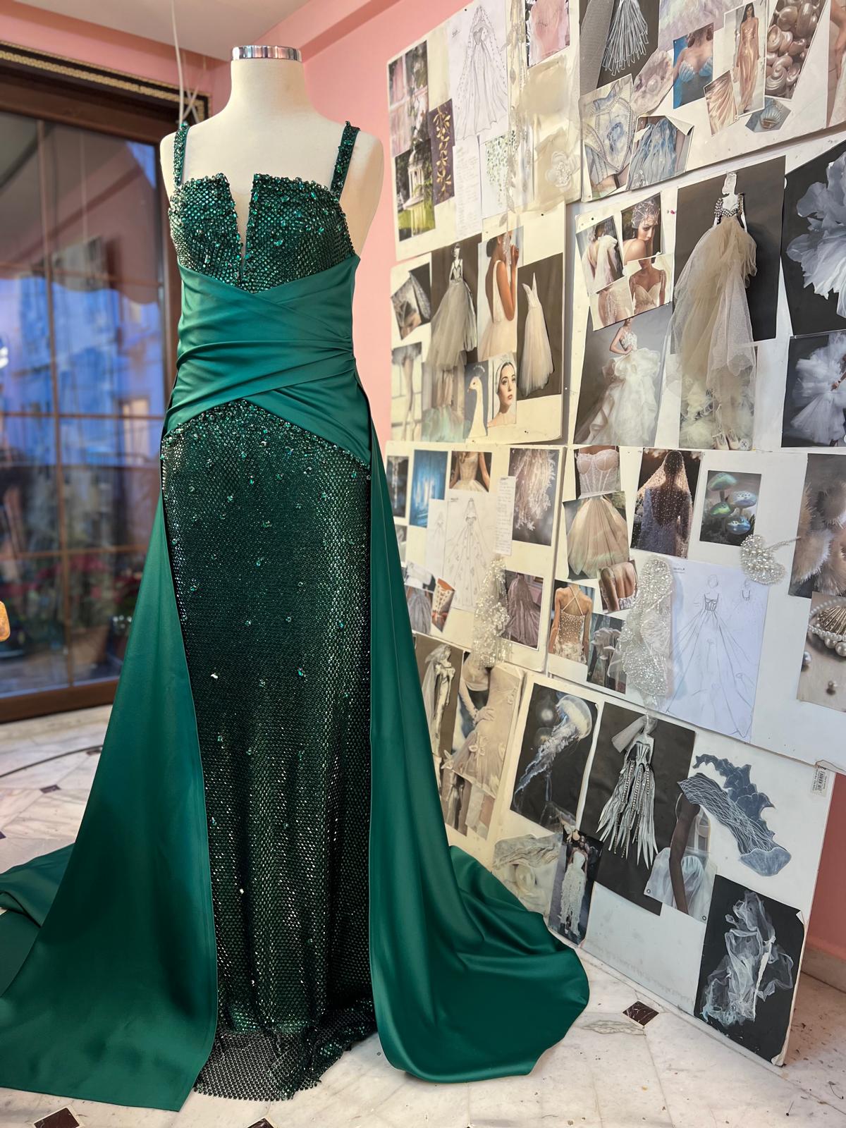 A custom-made dress designed especially for a client, with the color customized to a deep, elegant green. ✨