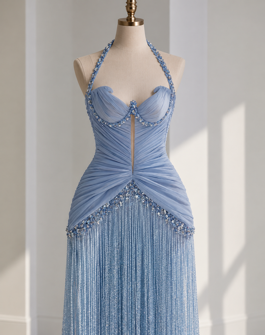 Sky Blue Fringe Gown