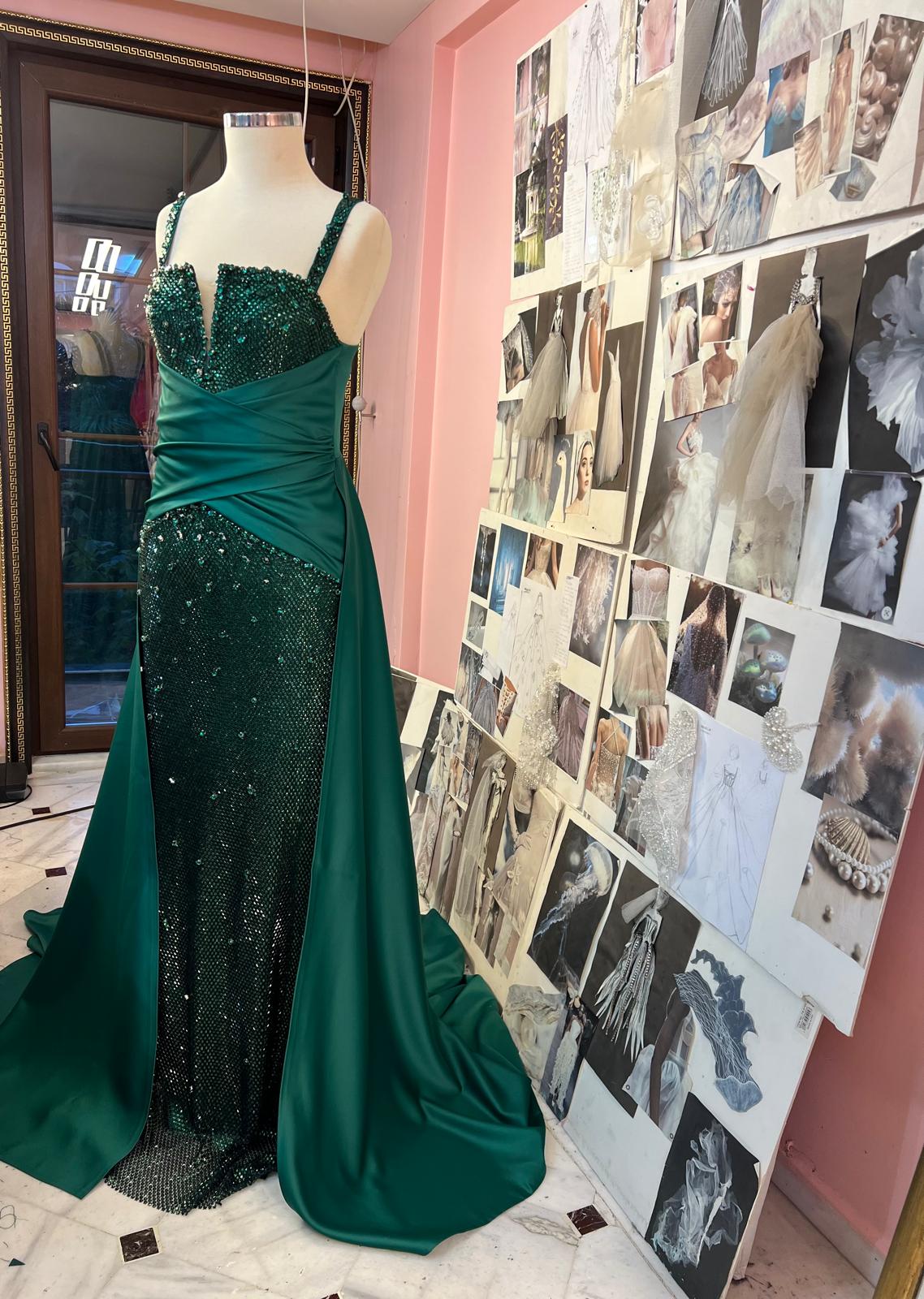 A custom-made dress designed especially for a client, with the color customized to a deep, elegant green. ✨