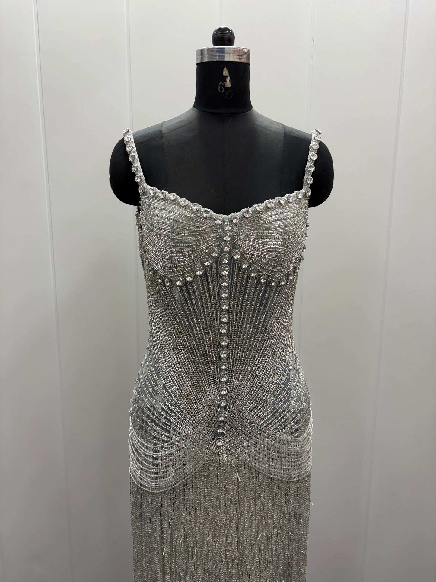 Silver Beaded Fringe Gown