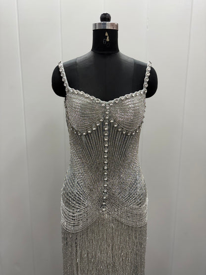 Silver Beaded Fringe Gown