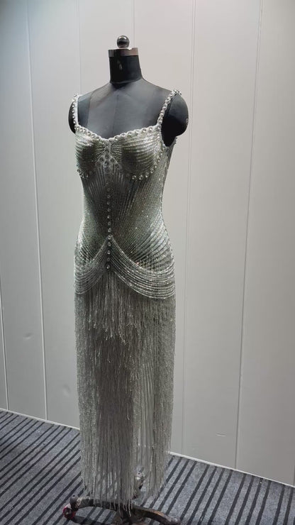 Silver Beaded Fringe Gown