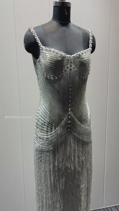 Silver Beaded Fringe Gown